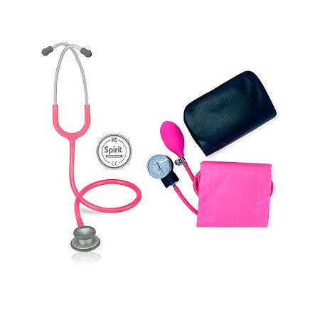 Estetoscópio Pro-Lite Rosa Perolizado Spirit + Aparelho de Pressão Rosa Premium