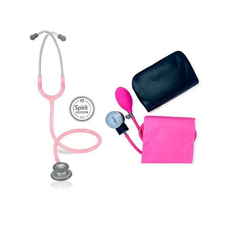 Estetoscópio Pro-Lite Rosa Transparente Spirit + Aparelho de Pressão Rosa Premium
