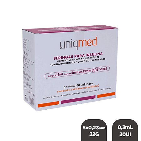 Seringa Insulina 0,3mL 30UI Ag. 5x0,23mm 32G c/ 100un BL Uniqmed