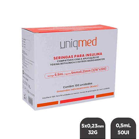 Seringa Insulina 0,5mL 50UI Ag. 5x0,23mm 32G c/ 100un BL Uniqmed