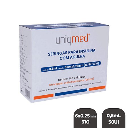 Seringa Insulina 0,5mL 50UI Ag. 6x0,25mm 31G c/ 100un BL Uniqmed