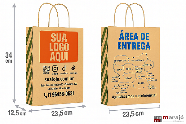🔥 1.000 Sacolas Delivery Personalizadas – Impressão em 2 Cores nos 2 Lados + Laterais ! Medidas: 12,5 x 34 x 23,5 cm – Com Alças Reforçadas