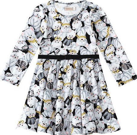 Vestido Manga Longa Bebê Menina Ursinho Branco e Preto - Malwee