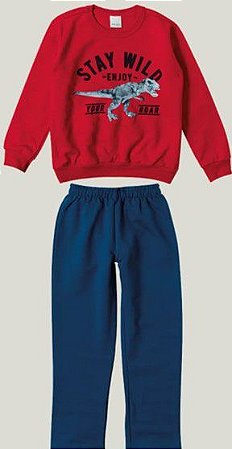Conjunto Moletom Flanelado Infantil Menino Dinossauro Vermelho e Azul - Malwee