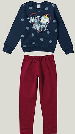 Conjunto Moletom Flanelado Infantil Menina Just Happy Azul e Bordô - Malwee