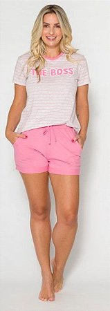 Pijama Manga Curta Adulto Feminino Boss Rosa - Coleção Família