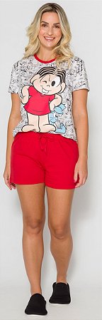 Pijama Manga Curta Adulto Feminina Mônica Vermelho - Coleção Mãe e Filhos