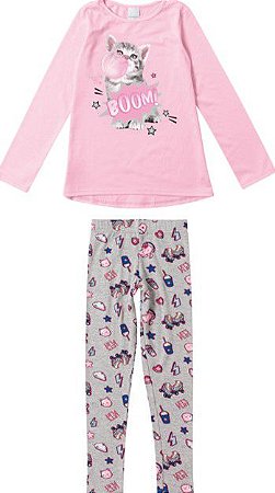 Conjunto Manga Longa Infantil Menina Gatinho Rosa Neon e Cinza - Malwee