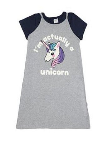 Vestido Manga Curta Infantil Menina Unicórnio Cinza e Azul Marinho - Rovitex