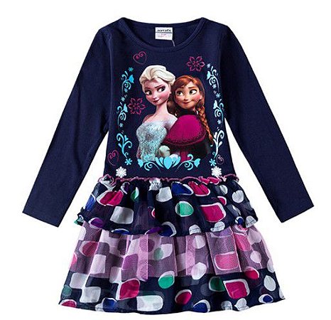 Vestido Bebê Anna e Elsa Frozen - Babados e Tule - Azul Marinho