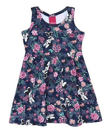 Vestido Infantil Floral Minnie - Azul Marinho - Cativa Disney