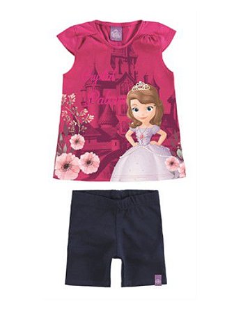 Conjunto Manga Curta Bebê Menina Princesa Sofia Rosa e Azul Marinho - Malwee