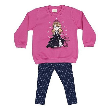 Conjunto Moletom Flanelado Bebê Menina Princesa Rosa e Azul Marinho - Baby Fun