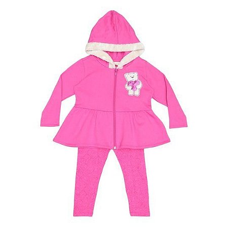 Conjunto Moletom Flanelado Bebê Menina Ursinho Rosa