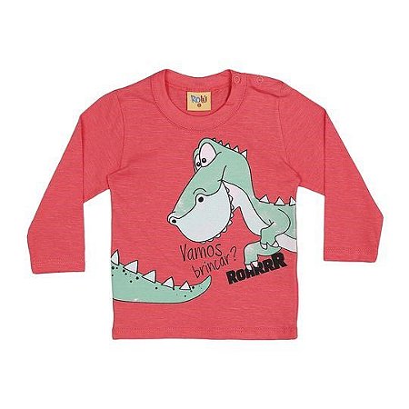 Camiseta do Dinossauro - Manga Longa - Coral - Bebê - Rolú