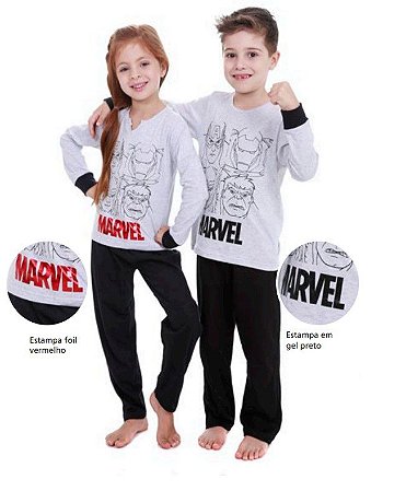 Pijama Manga Longa Infantil Menina Avengers Branco e Preto