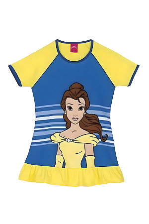 Camisola Manga Curta Infantil Menina Princesa Bela Azul e Amarelo - Lupo