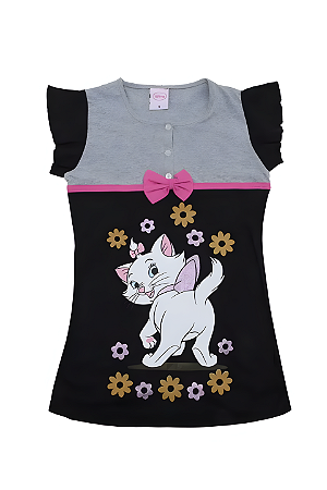 Camisola Manga Curta Infantil Menina Gatinha Marie Preto e Cinza - Lupo