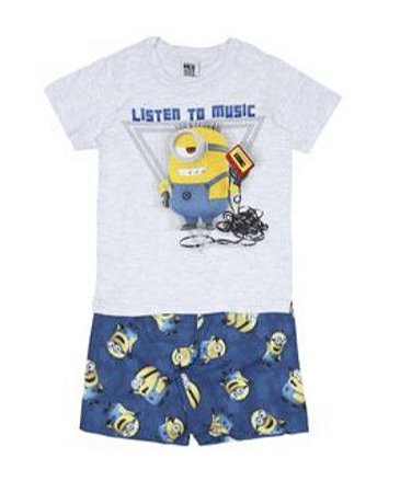 Conjunto de Camiseta e Bermuda - Minions - Listen Music - Cinza e Azul - Malwee