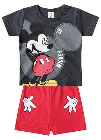Conjunto Manga Curta Bebê Menino Mickey Cinza e Vermelho - Brandili