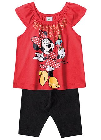 Conjunto Manga Curta Bebê Menina Minnie Vermelho e Preto - Brandili