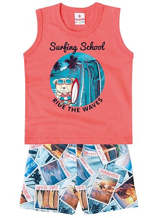 Conjunto de Regata e Bermuda - Ursinho Surfista - Laranja - Brandili
