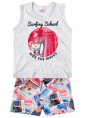 Conjunto de Regata e Bermuda - Ursinho Surfista - Cinza - Brandili