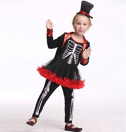 Fantasia Infantil Esqueletina com Chapéu Preto e Vermelha