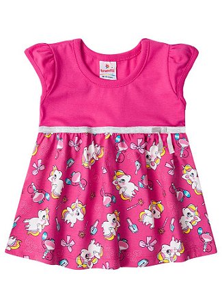 Vestido Manga Curta Bebê Menina Unicórnio Rosa - Brandili