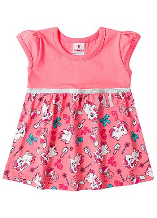 Vestido Manga Curta Bebê Menina Unicórnio Coral - Brandili