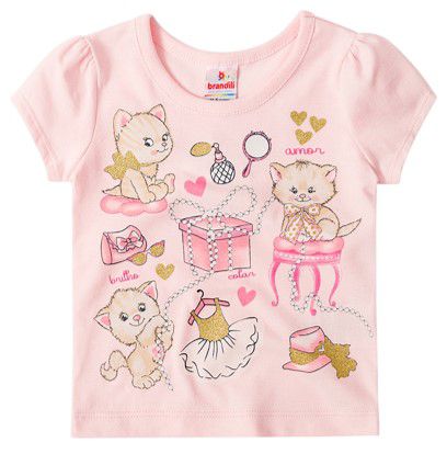 Blusa Manga Curta Bebê Menina Gatinho Rosa Claro - Brandili