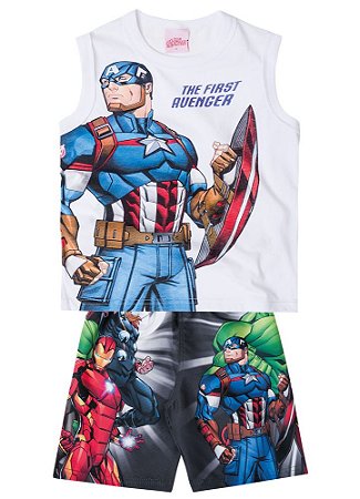 Conjunto Infantil  Menino Regata e Bermuda Capitão América Branco - Brandili