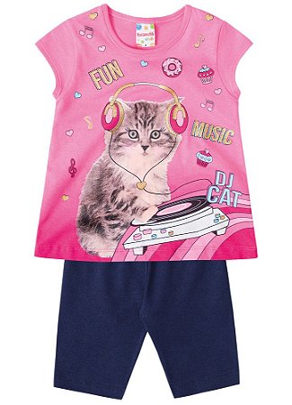 Conjunto Infantil Menina Gatinho Azul Marinho e Rosa - Brandili
