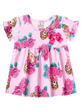 Vestido Bebê Floral - Cachorrinhos - Rosa - Brandili