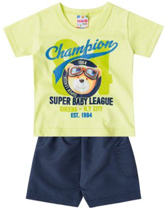 Conjunto Manga Curta Bebê Menino Ursinho Verde e Azul Marinho - Brandili