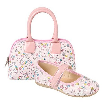 Kit Sapatilha e Bolsa Infantil Menina Unicórnio - Rosa