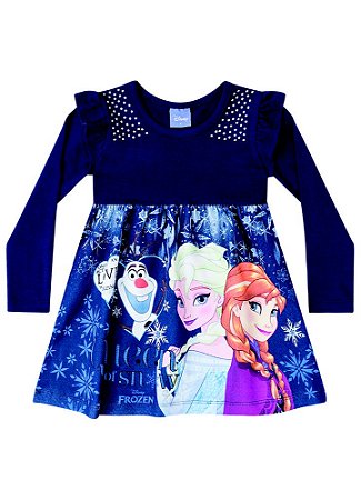 Vestido Elsa, Anna e Olaf - Disney Frozen - Azul Marinho - Brandili