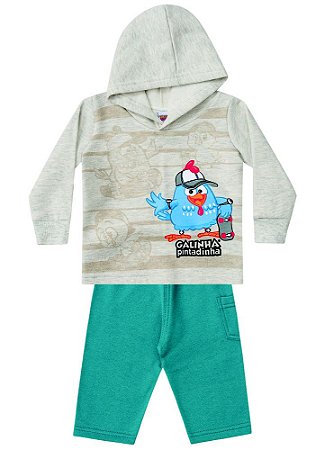 Conjunto Blusa e Calça de Moletom - Galinha Pintadinha - Cinza Claro e Verde - Brandili