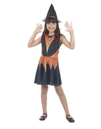 Fantasia Infantil Menina Bruxa com Chapéu Preto e Laranja - Sulamericana