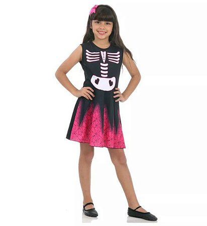 Fantasia Infantil de Bruxa Esqueleto - Manga Curta - Rosa e Preto - Sula