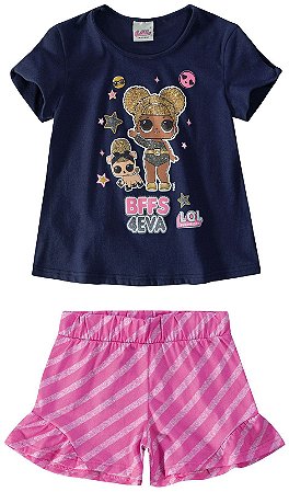 Conjunto Manga Curta Infantil Menina Lol Rosa e Azul Marinho - Malwee