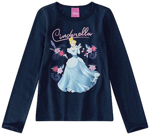 Blusa Manga Longa Infantil Menina Cinderela Azul Marinho - Malwee