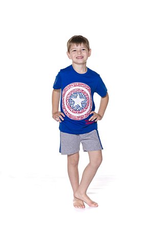 Pijama Manga Curta Infantil Menino Capitão América Azul e Cinza