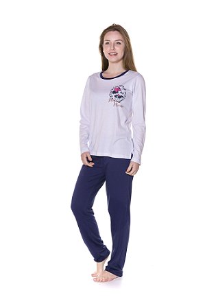 Pijama Manga Longa Adulto Feminino Minnie Disney - Branco e Azul Marinho