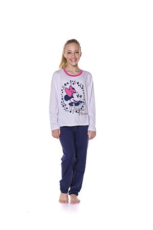 Pijama Manga Longa Juvenil Menina Minnie Branco e Azul Marinho