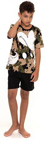 Pijama Manga Curta Juvenil Menino Mickey Safari Preto e Verde - Coleção Pai e Filho