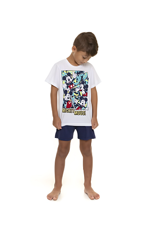 Pijama Manga Curta Infantil Menino Mickey Disney - Azul e Branco