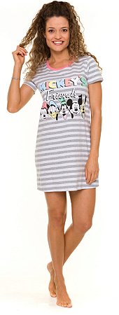 Camisola Manga Curta Adulto Feminina Mickey e Amigos Listrada Cinza