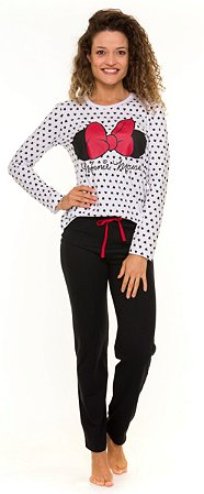 Pijama Manga Longa Adulto Feminino Minnie Branco e Preto