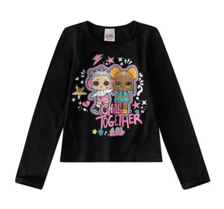 Blusa Manga Longa Infantil Menina LOL Preta com Aplique - Malwee